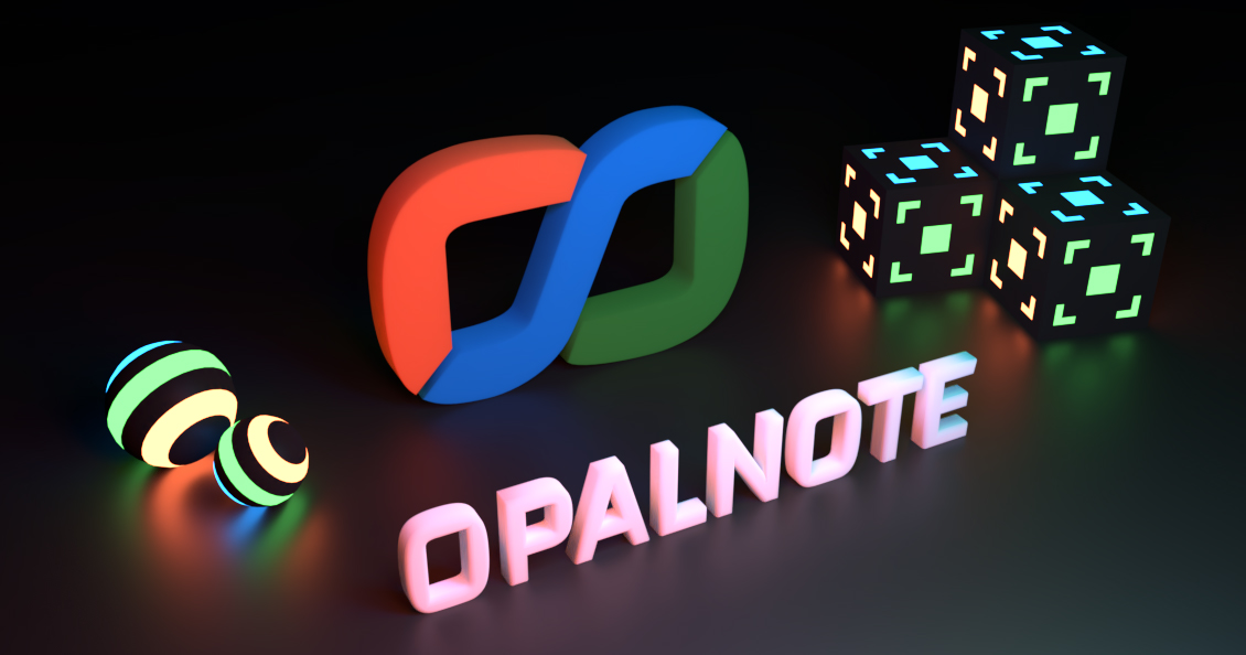 Glowing cubes and spheres flanking the Opalnote logo